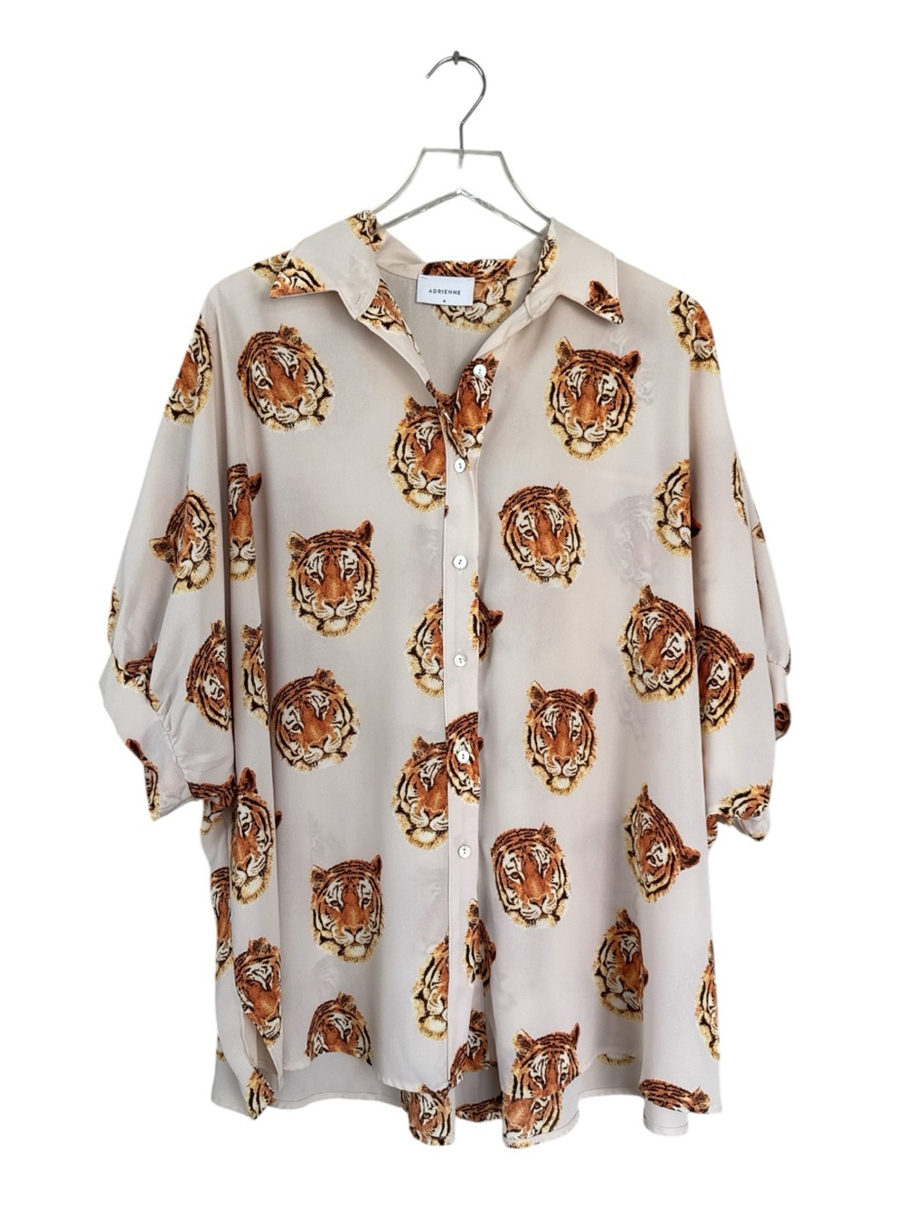 Adrienne Tiger Print Oversized Button Front Blouse Medium Made in USA